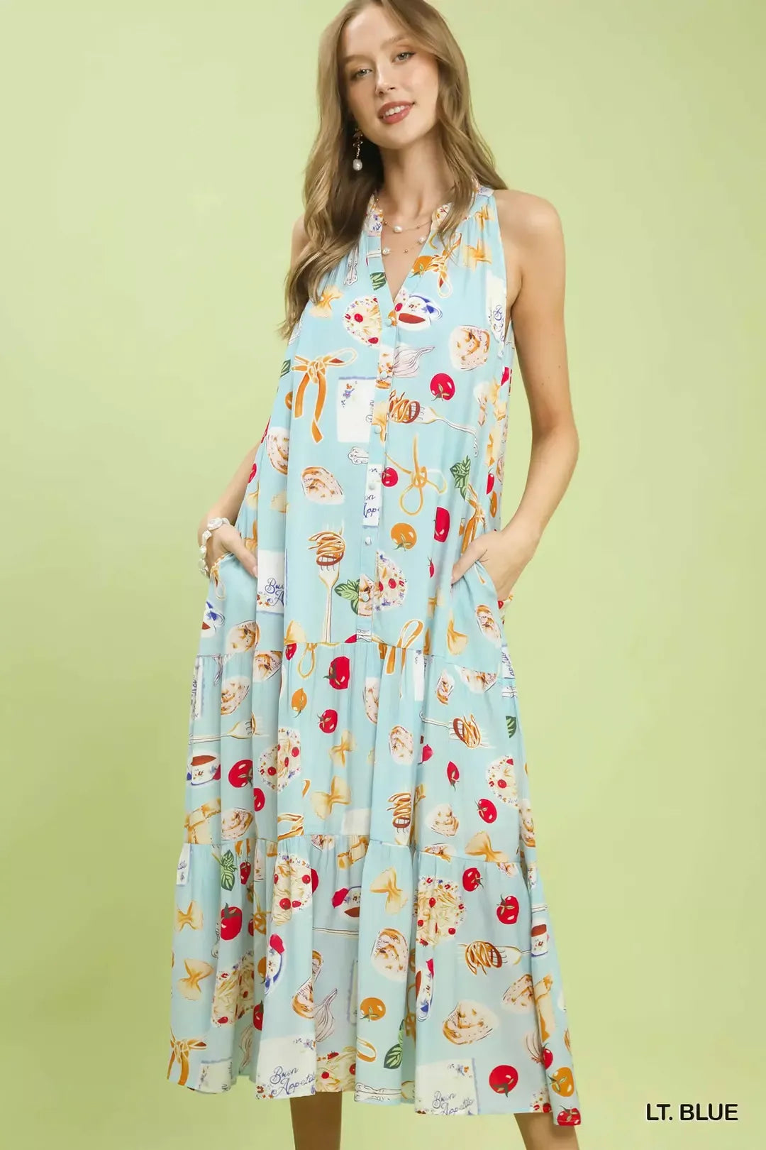 printed tiered halter midi dress Abstract Print Tiered Halter Midi Dress LT. PINK / L