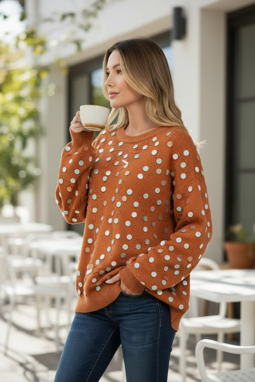 BiBi Distressed Effect Bishop Sleeve Spangled Sweater