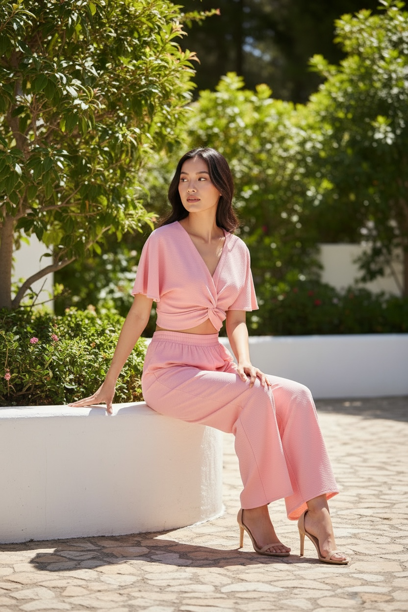 Zenana Woven Airflow Twisted Top & Wide Leg Pants Set