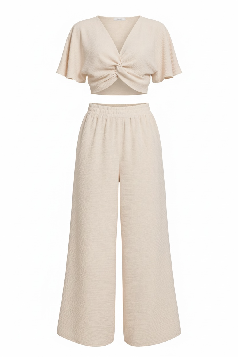 Zenana Woven Airflow Twisted Top & Wide Leg Pants Set