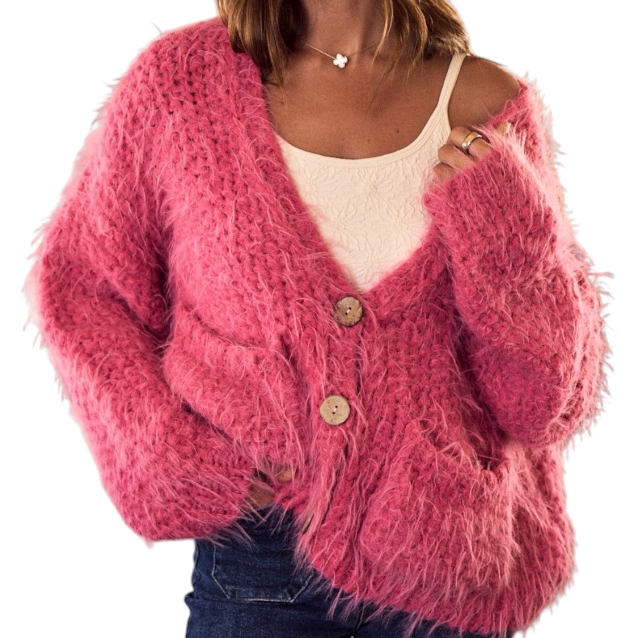 SO ME Women’s Cozy Pink Fuzzy Cardigan Sweater | Warm Knitwear