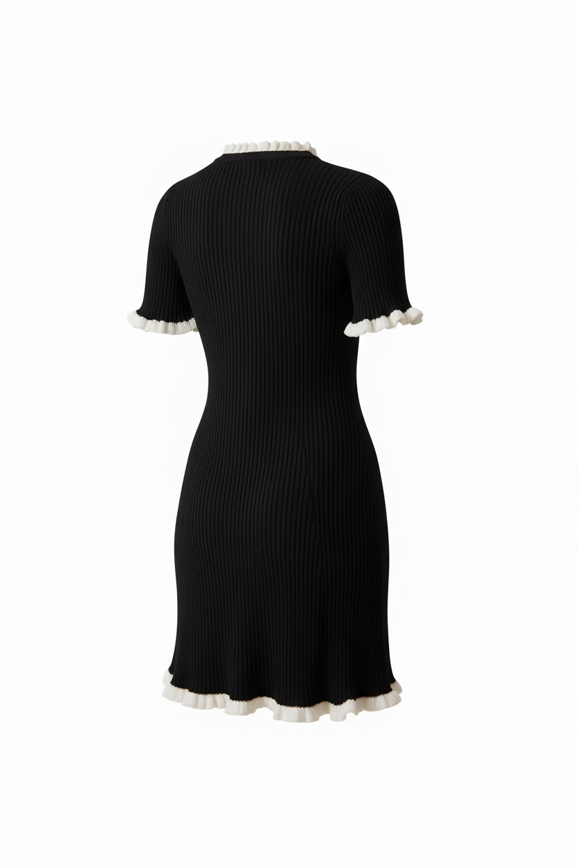 SO ME Black Contrast Ruffled Sweater Knit Mini Dress