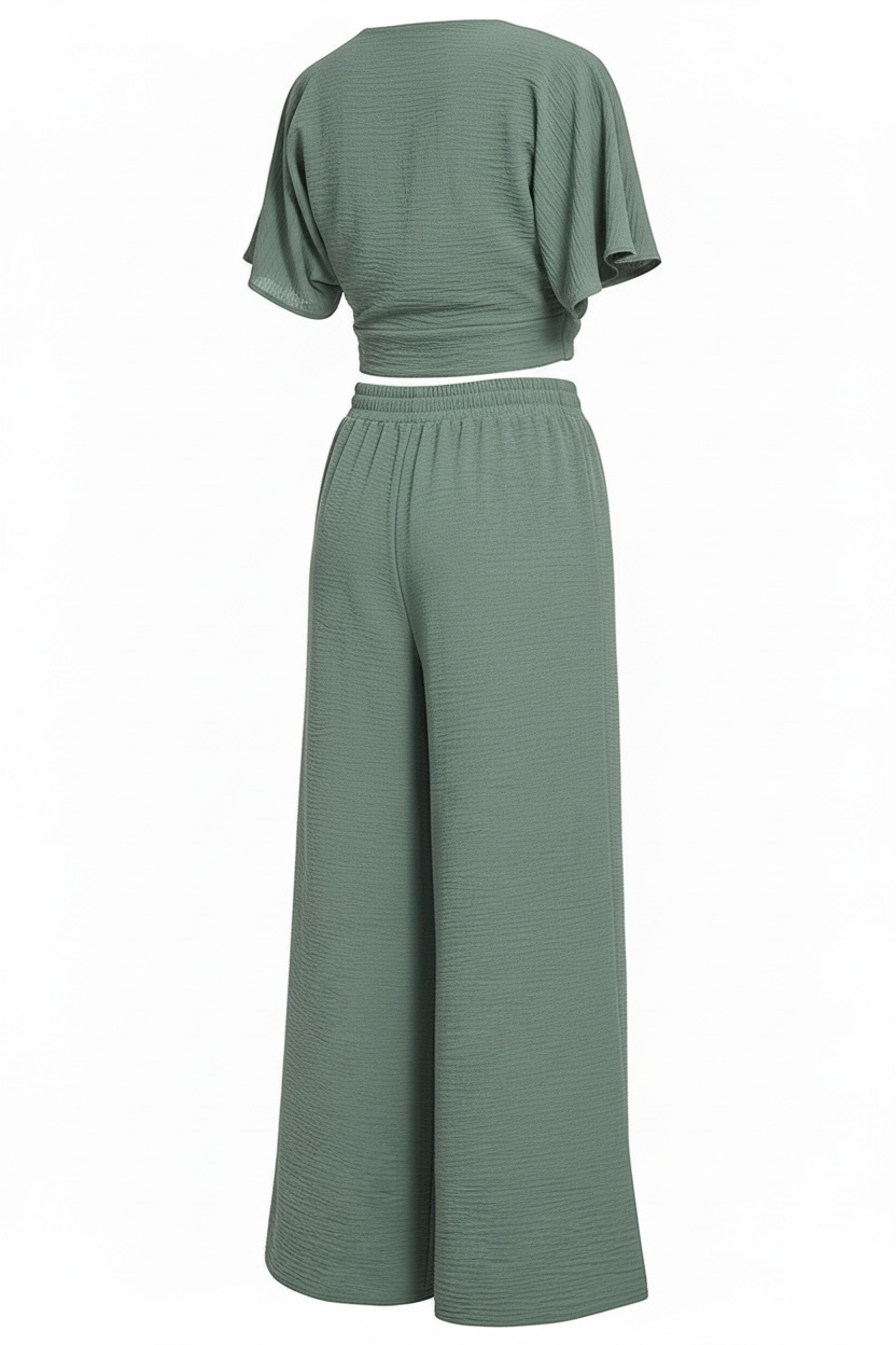 Zenana Woven Airflow Twisted Top & Wide Leg Pants Set