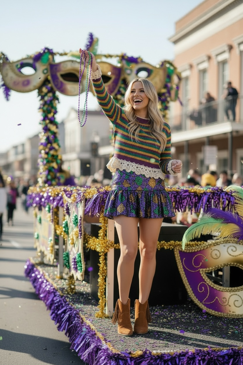 SO ME Mardi Gras Striped Cropped Knit Top with Crochet Edge