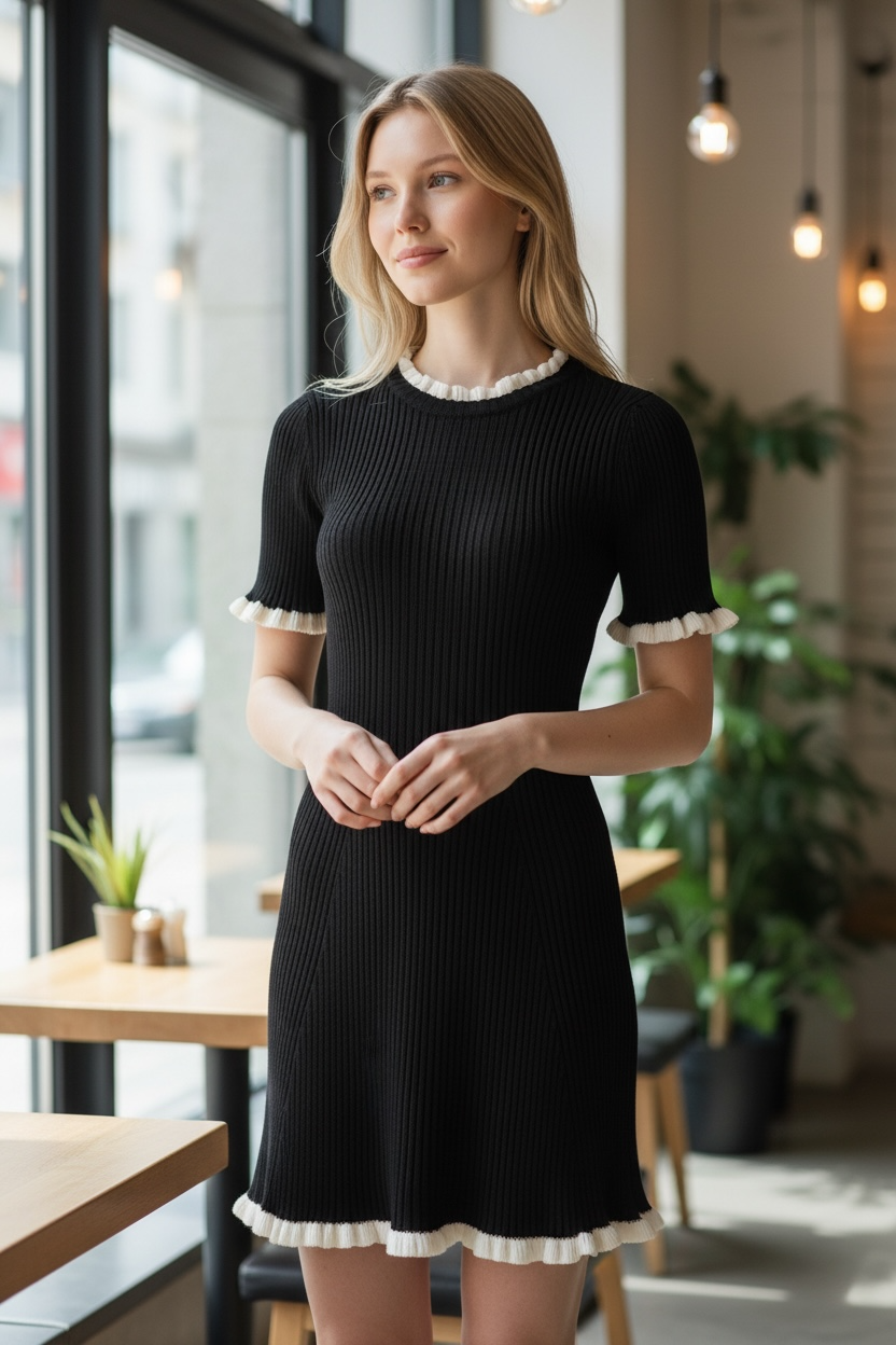 SO ME Black Contrast Ruffled Sweater Knit Mini Dress