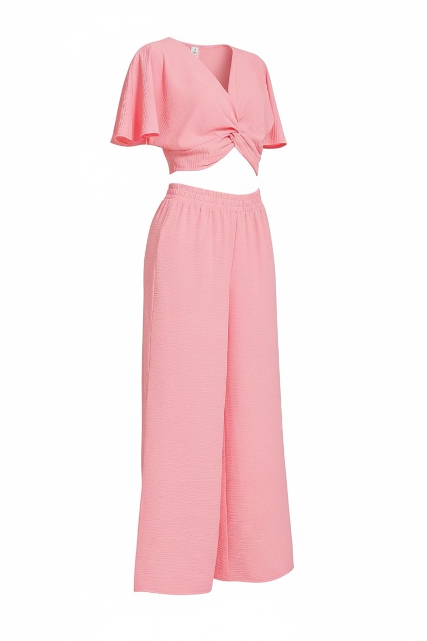 Zenana Woven Airflow Twisted Top & Wide Leg Pants Set