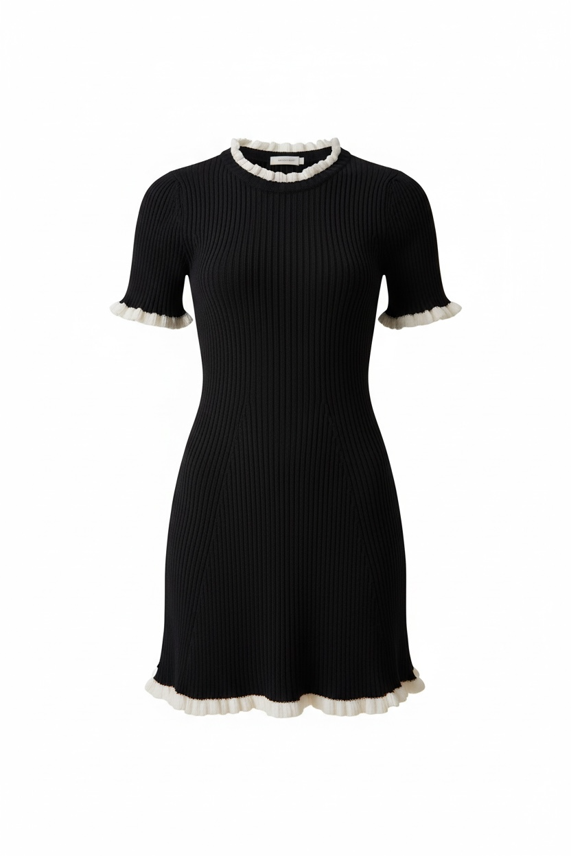 SO ME Black Contrast Ruffled Sweater Knit Mini Dress