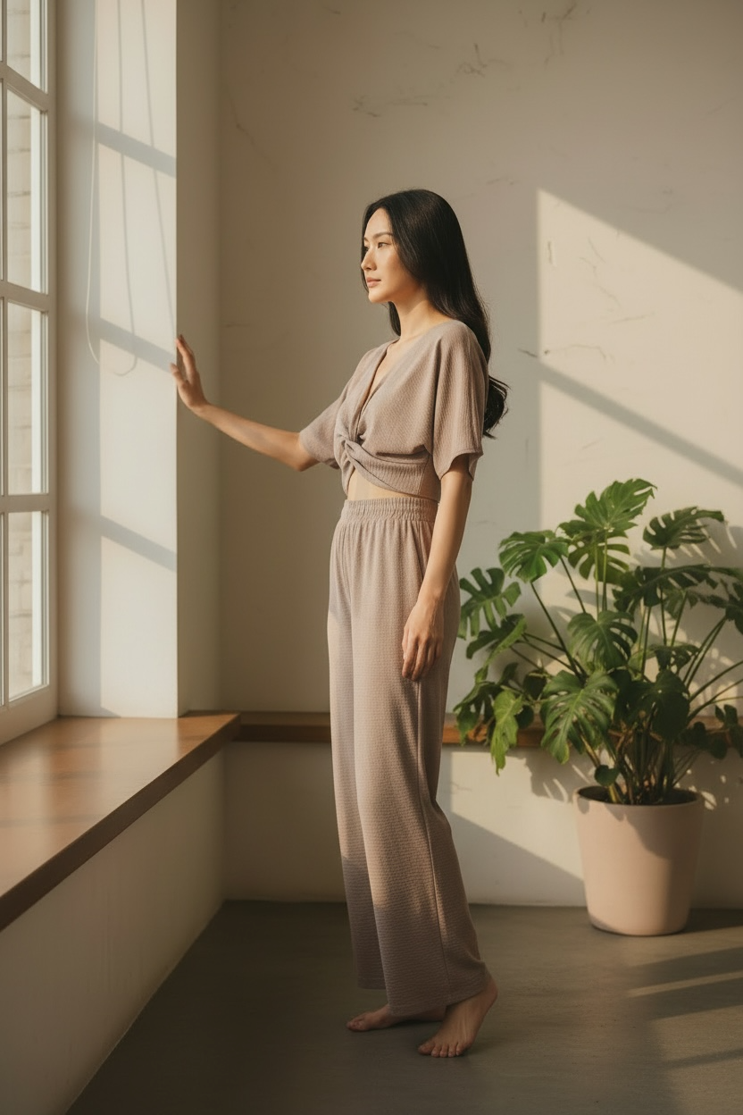 Zenana Woven Airflow Twisted Top & Wide Leg Pants Set