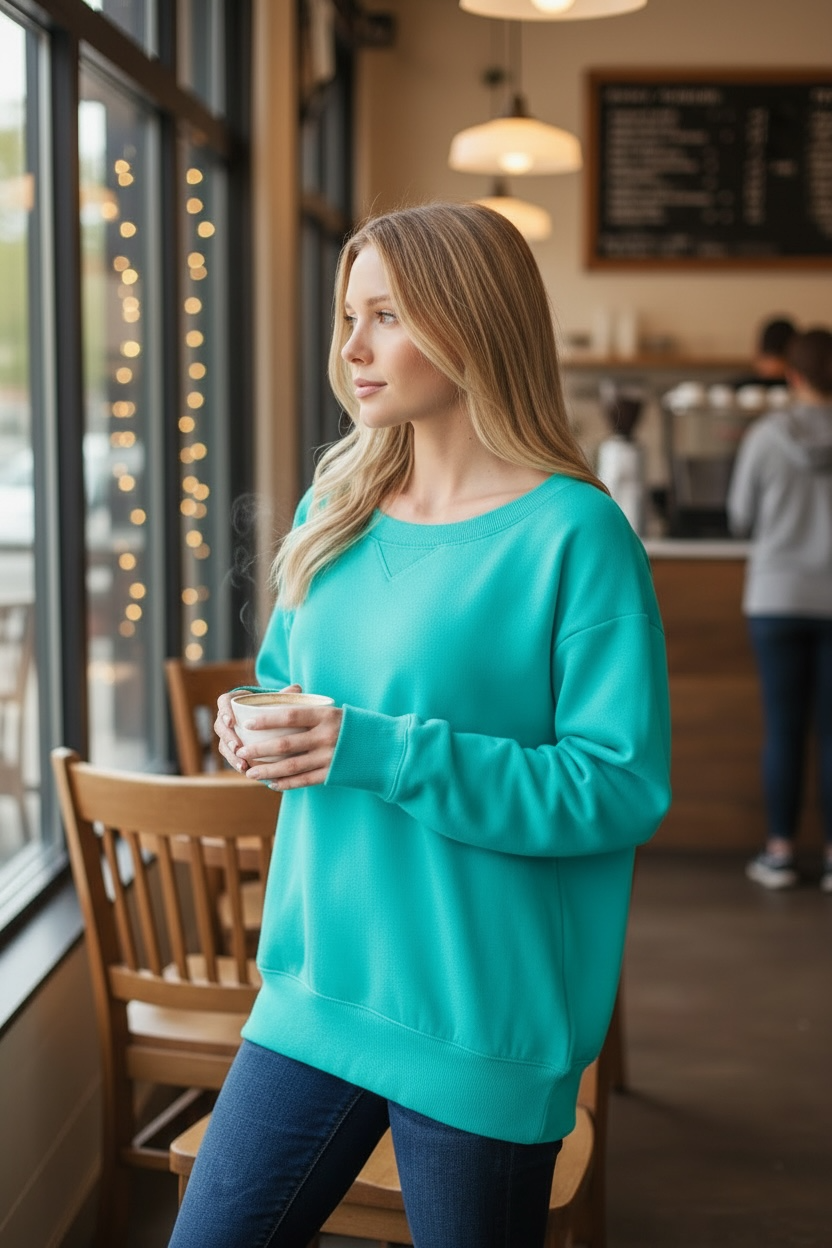 Zenana Fleece Wide Neck Sweatshirt Turquoise