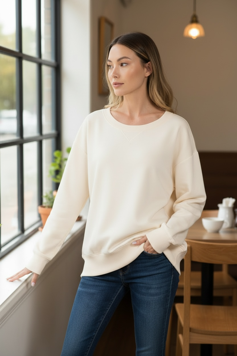 Zenana Fleece Wide Neck Sweatshirt Cream