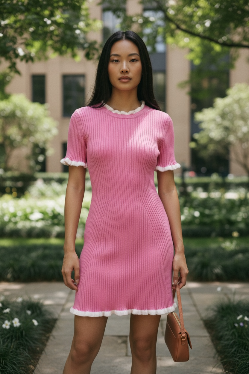 SO ME Pink Contrast Ruffled Sweater Knit Mini Dress