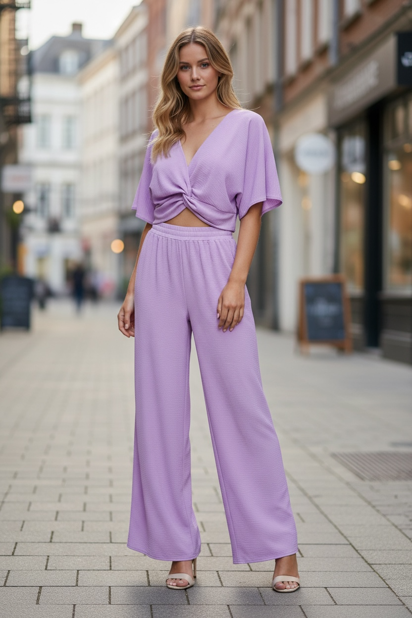 Zenana Woven Airflow Twisted Top & Wide Leg Pants Set