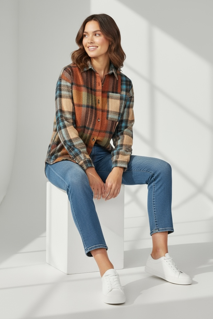 Double Take Plaid Curved Hem Shirt Jacket with Breast Pockets
