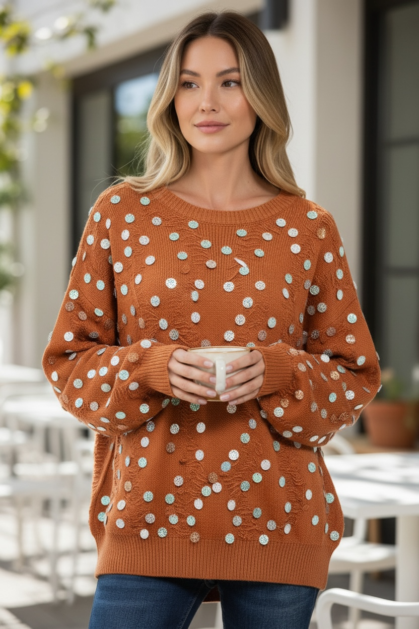 BiBi Distressed Effect Bishop Sleeve Spangled Sweater