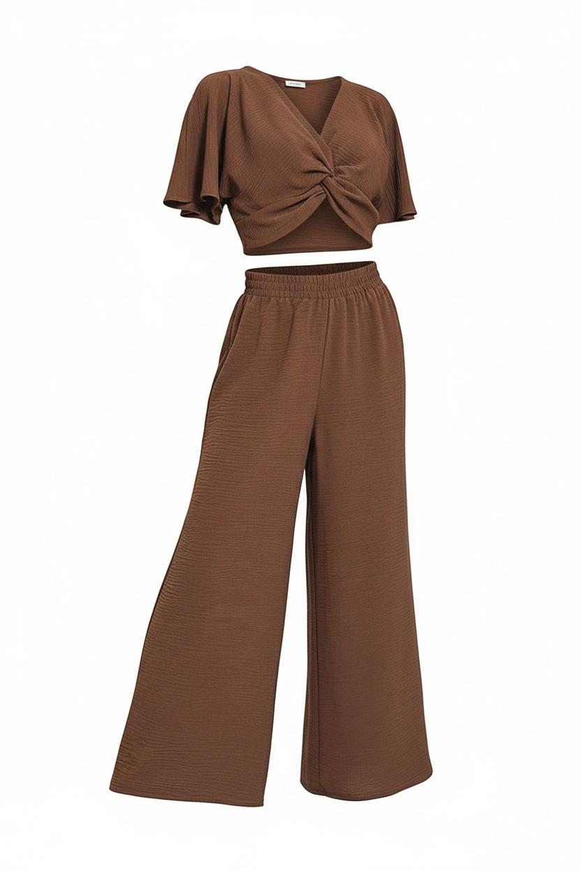 Zenana Woven Airflow Twisted Top & Wide Leg Pants Set