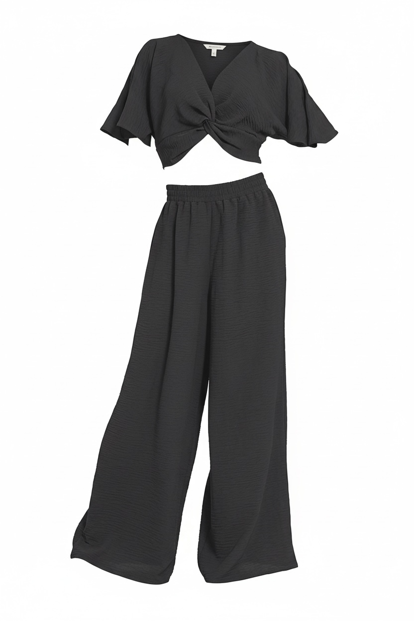 Zenana Woven Airflow Twisted Top & Wide Leg Pants Set