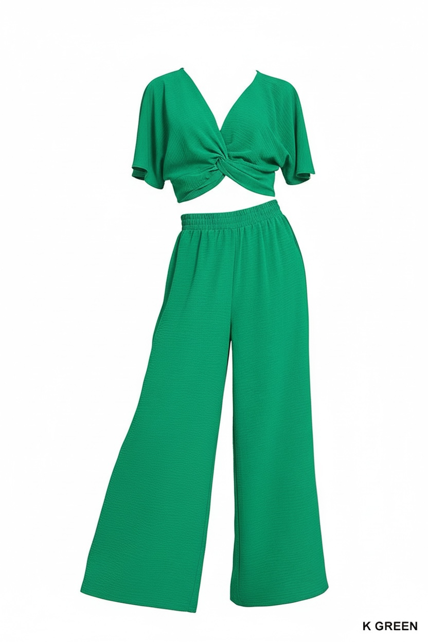 Zenana Woven Airflow Twisted Top & Wide Leg Pants Set