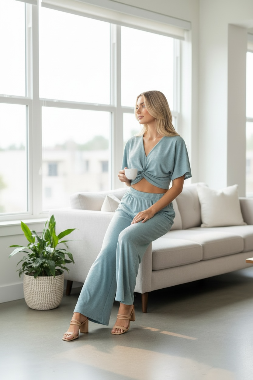 Zenana Woven Airflow Twisted Top & Wide Leg Pants Set
