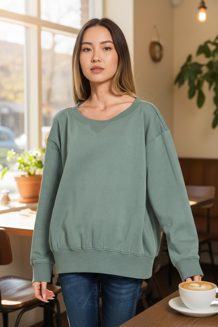 Zenana Fleece Wide Neck Sweatshirt Ash Jade Green