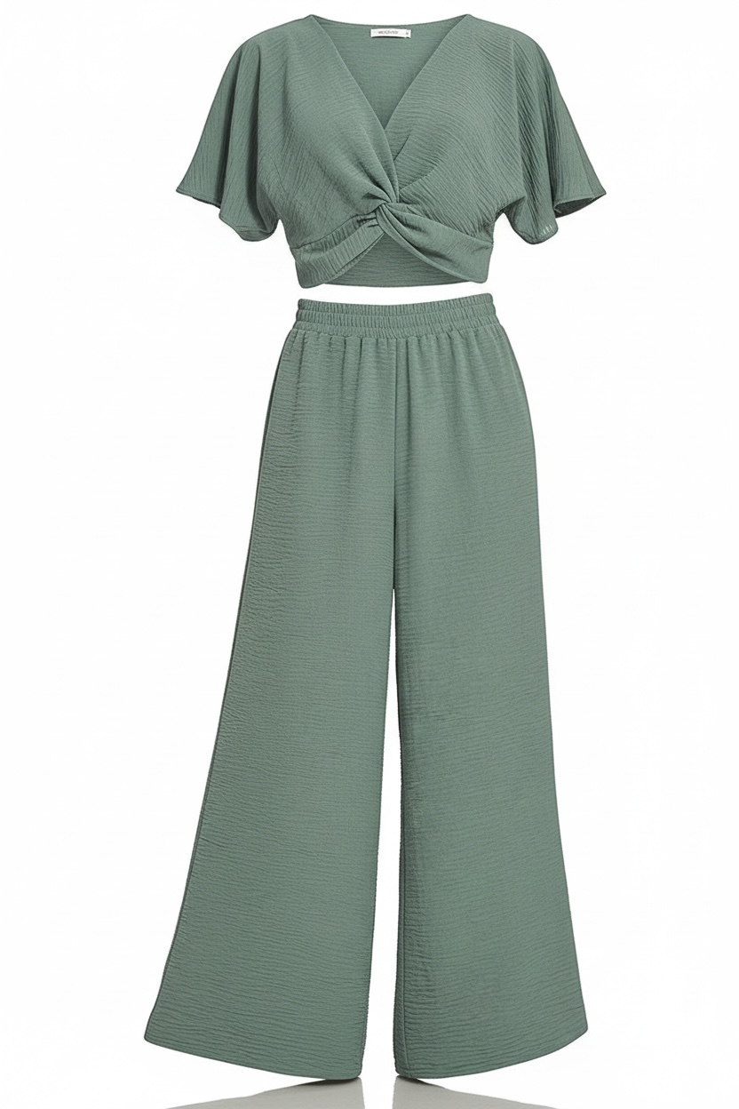 Zenana Woven Airflow Twisted Top & Wide Leg Pants Set