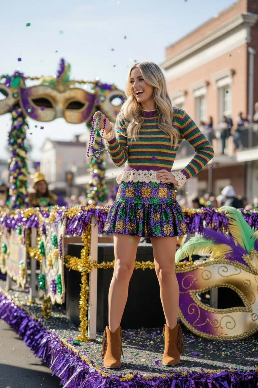 SO ME Mardi Gras Striped Cropped Knit Top with Crochet Edge