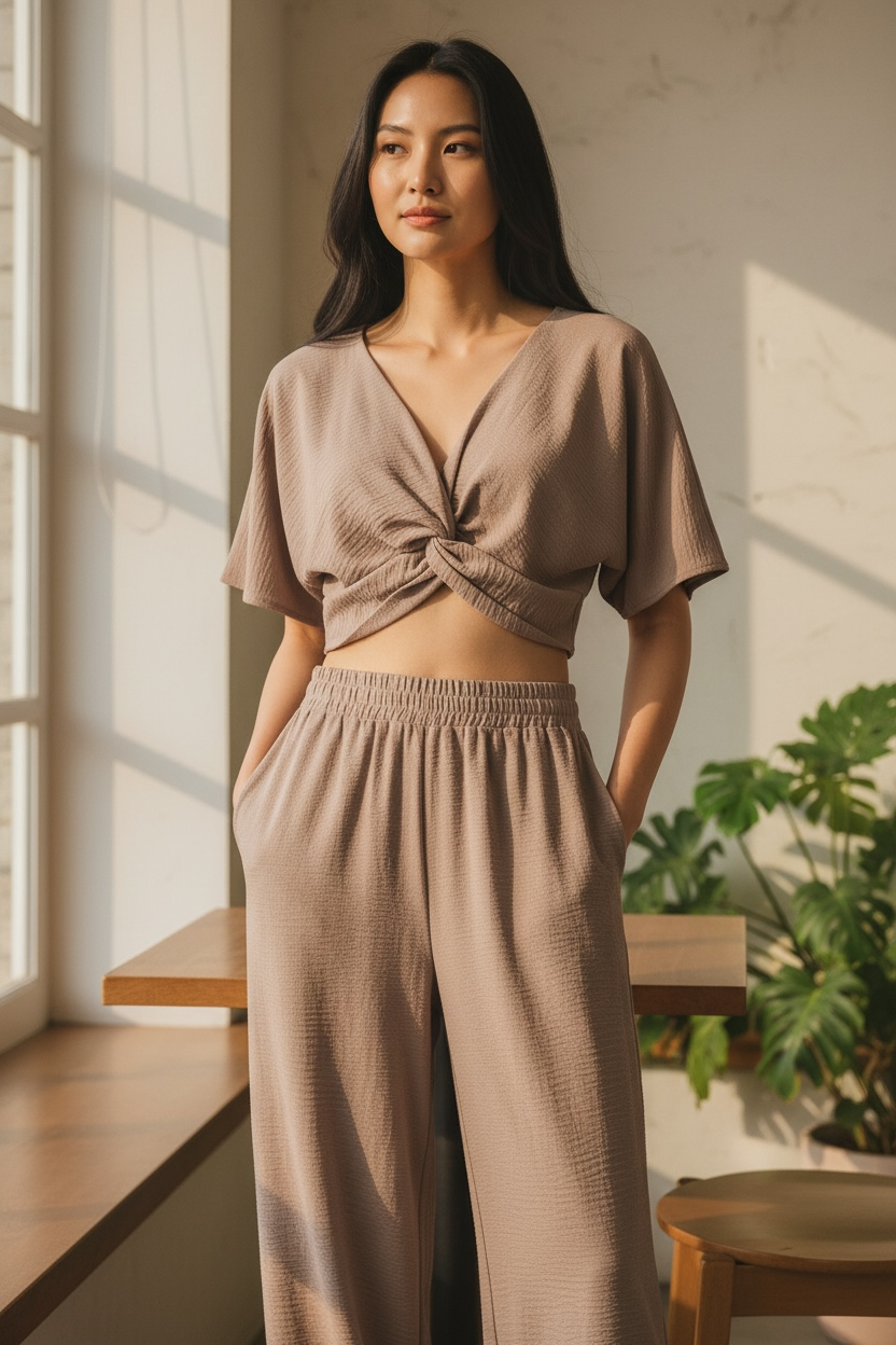 Zenana Woven Airflow Twisted Top & Wide Leg Pants Set