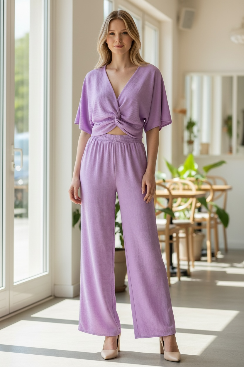Zenana Woven Airflow Twisted Top & Wide Leg Pants Set