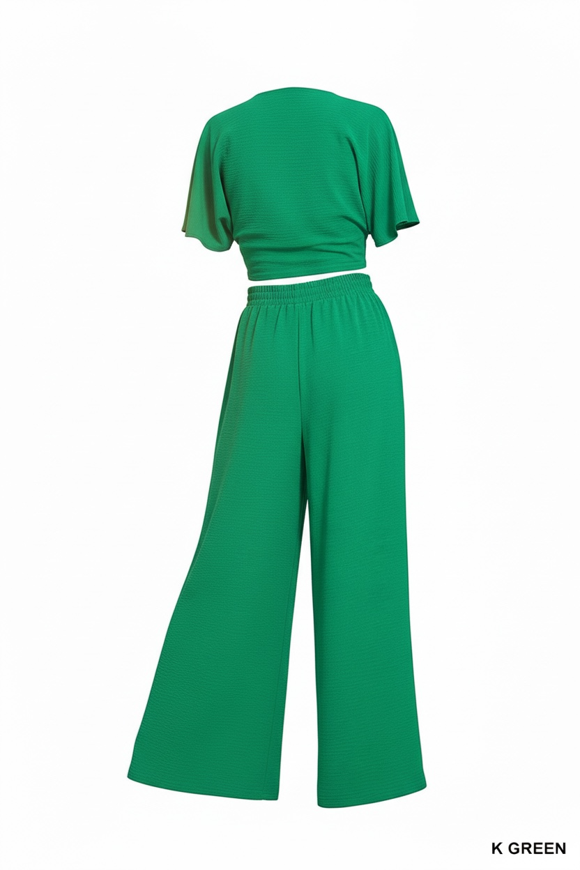 Zenana Woven Airflow Twisted Top & Wide Leg Pants Set