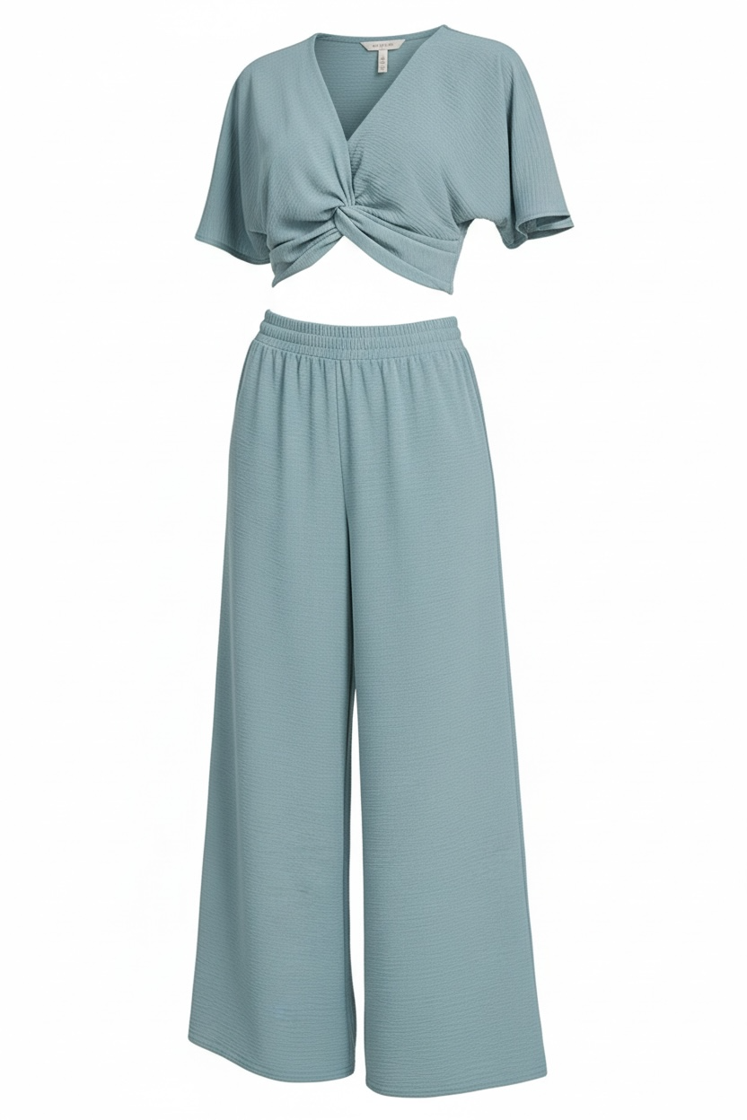 Zenana Woven Airflow Twisted Top & Wide Leg Pants Set