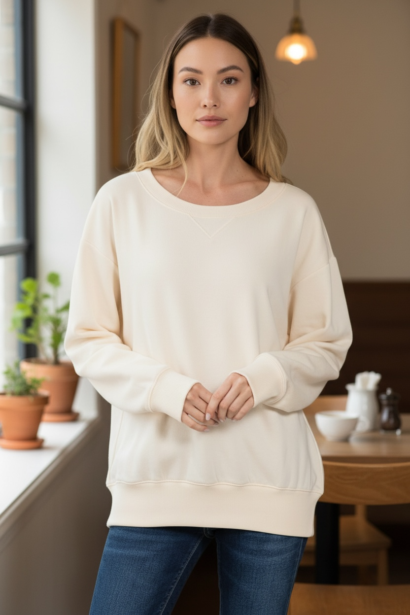 Zenana Fleece Wide Neck Sweatshirt Cream