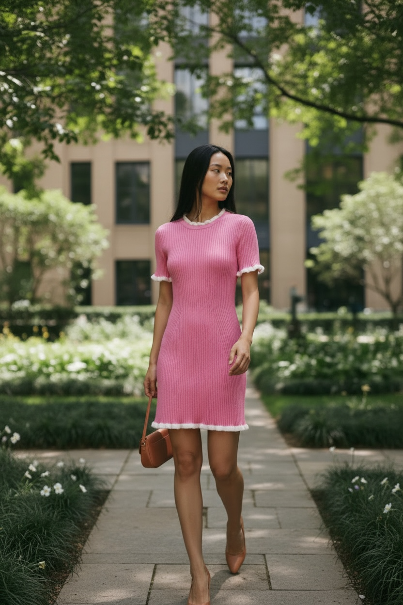 SO ME Pink Contrast Ruffled Sweater Knit Mini Dress