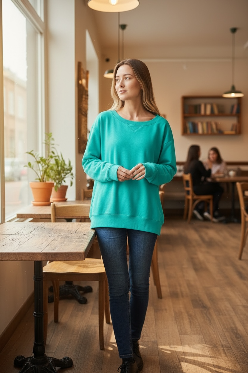 Zenana Fleece Wide Neck Sweatshirt Turquoise