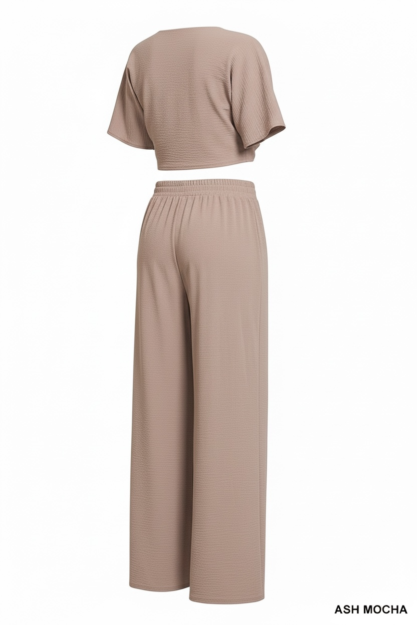 Zenana Woven Airflow Twisted Top & Wide Leg Pants Set