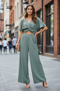 Zenana Woven Airflow Twisted Top & Wide Leg Pants Set