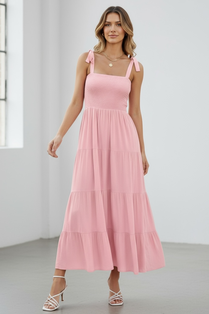 Tie-Shoulder Smocked Tiered Dress