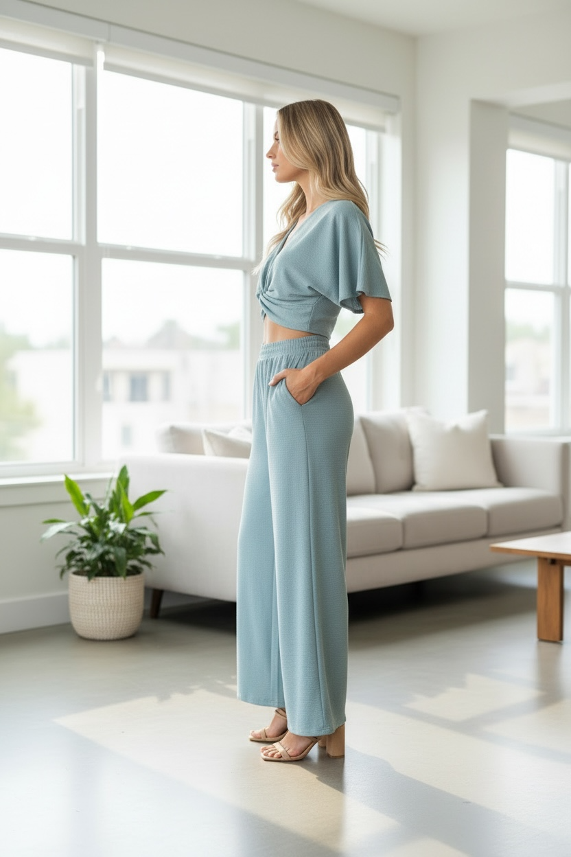 Zenana Woven Airflow Twisted Top & Wide Leg Pants Set