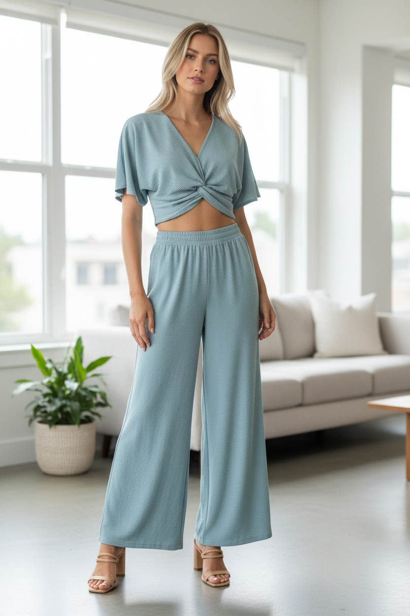 Zenana Woven Airflow Twisted Top & Wide Leg Pants Set