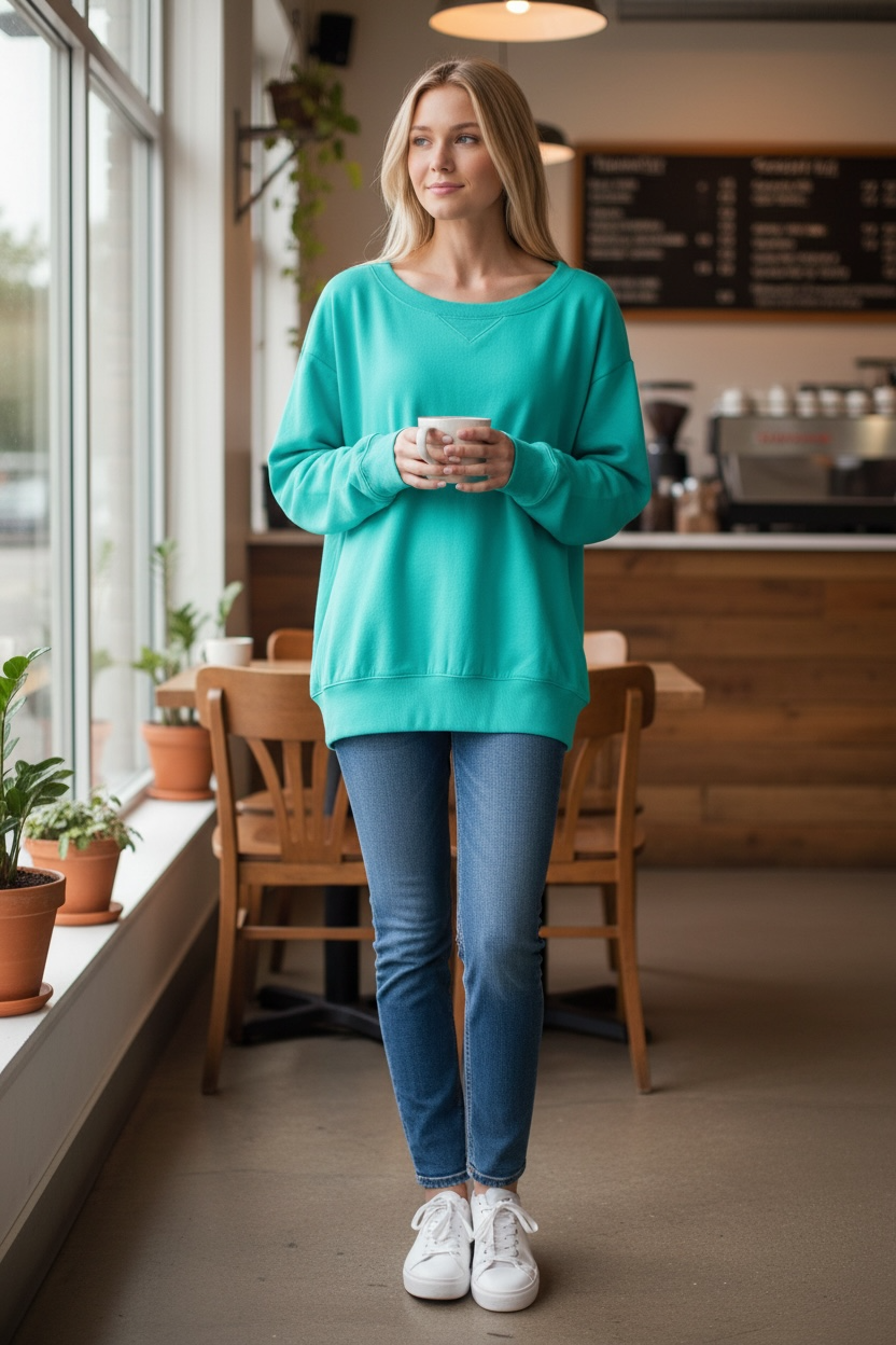 Zenana Fleece Wide Neck Sweatshirt Turquoise