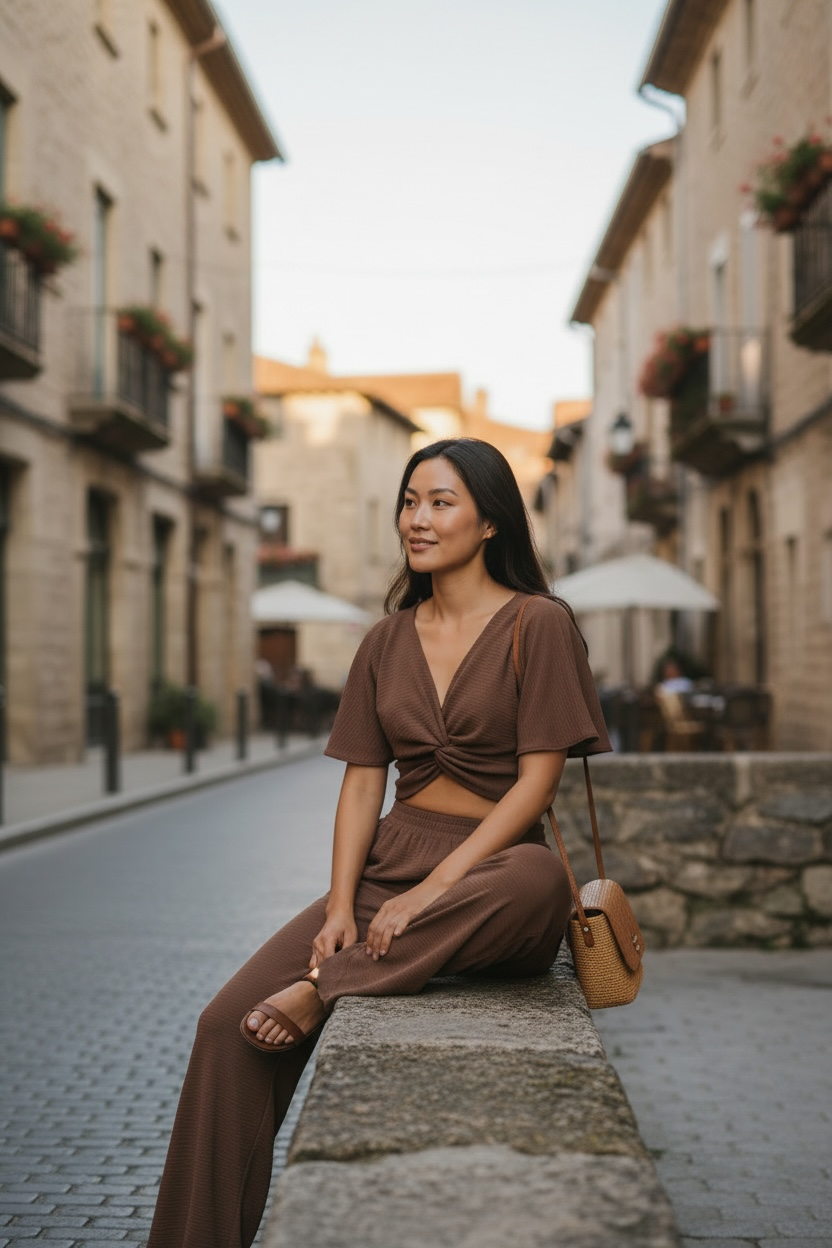 Zenana Woven Airflow Twisted Top & Wide Leg Pants Set