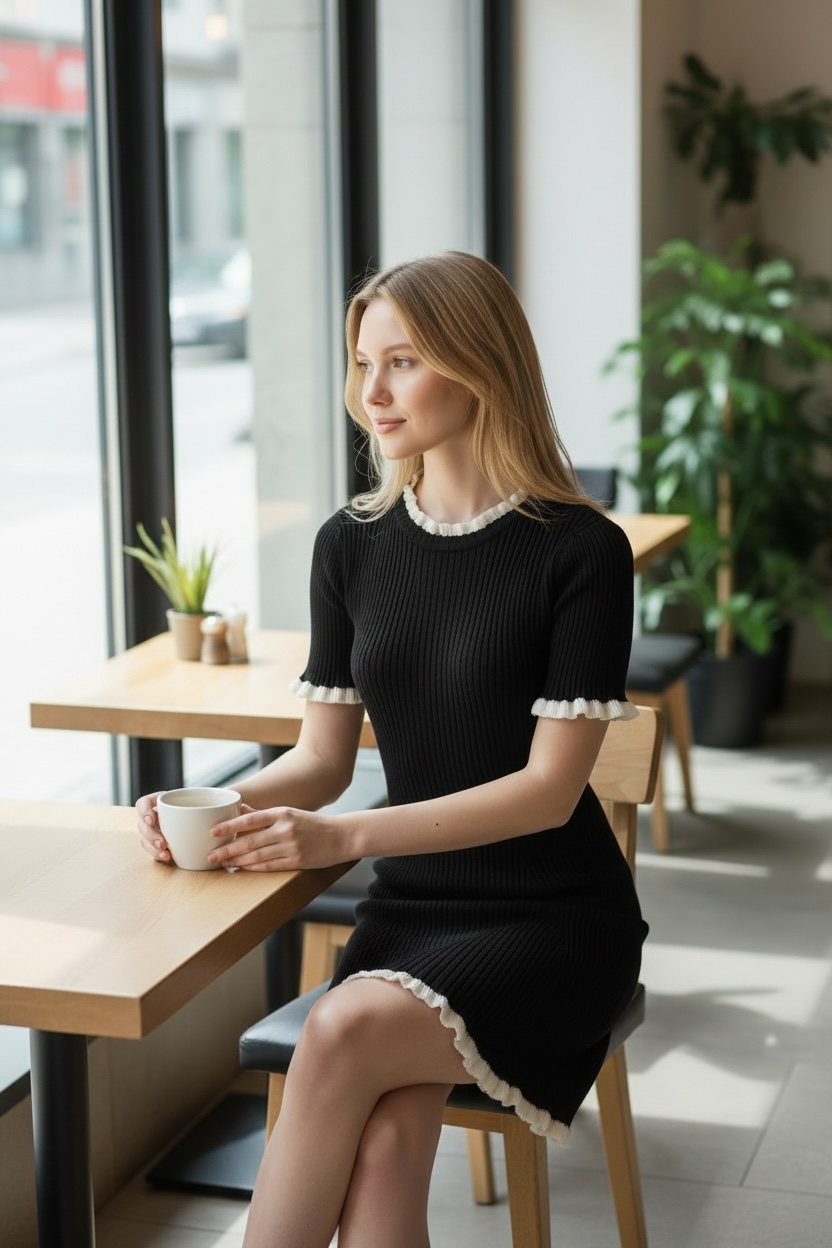 SO ME Black Contrast Ruffled Sweater Knit Mini Dress