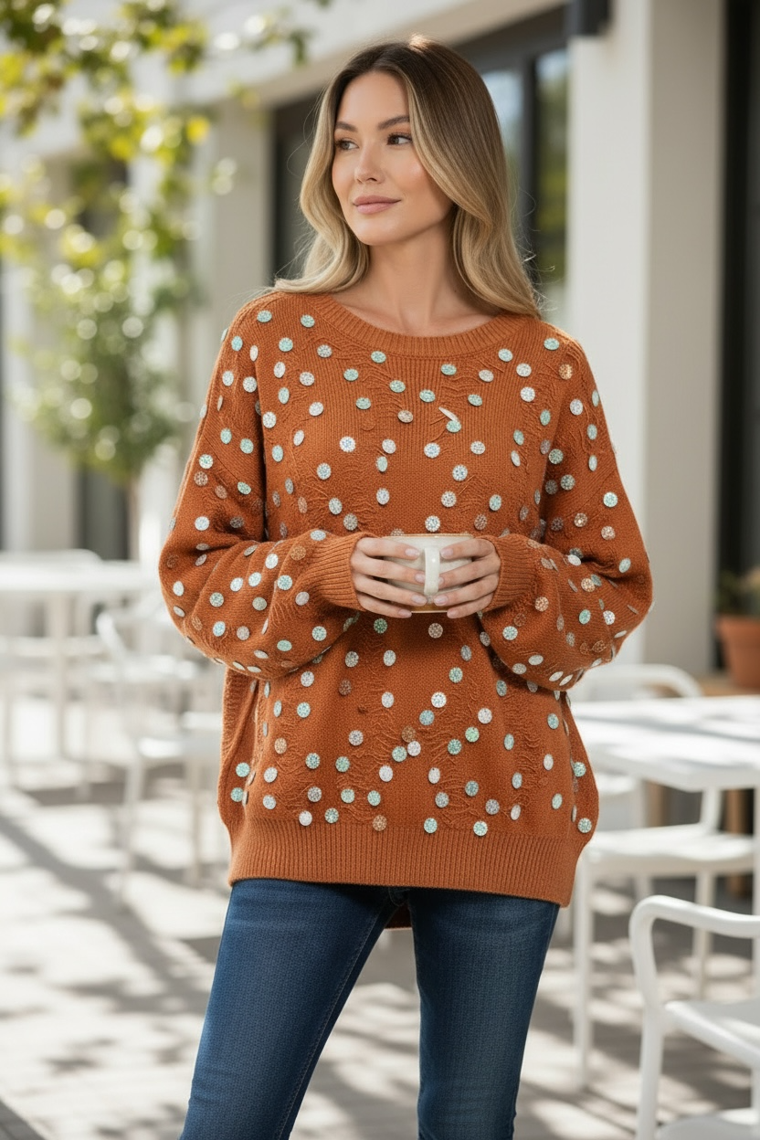 BiBi Distressed Effect Bishop Sleeve Spangled Sweater