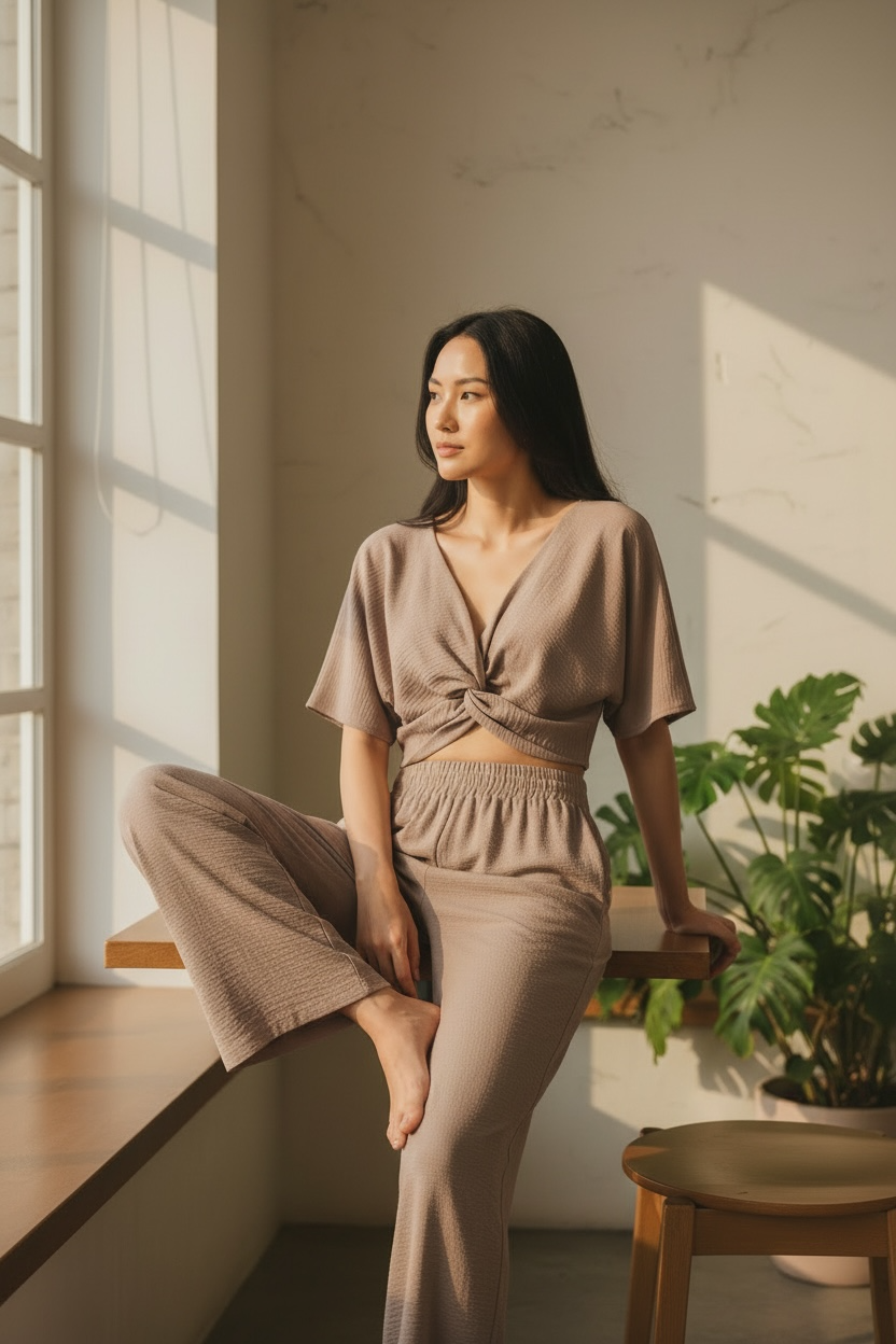 Zenana Woven Airflow Twisted Top & Wide Leg Pants Set