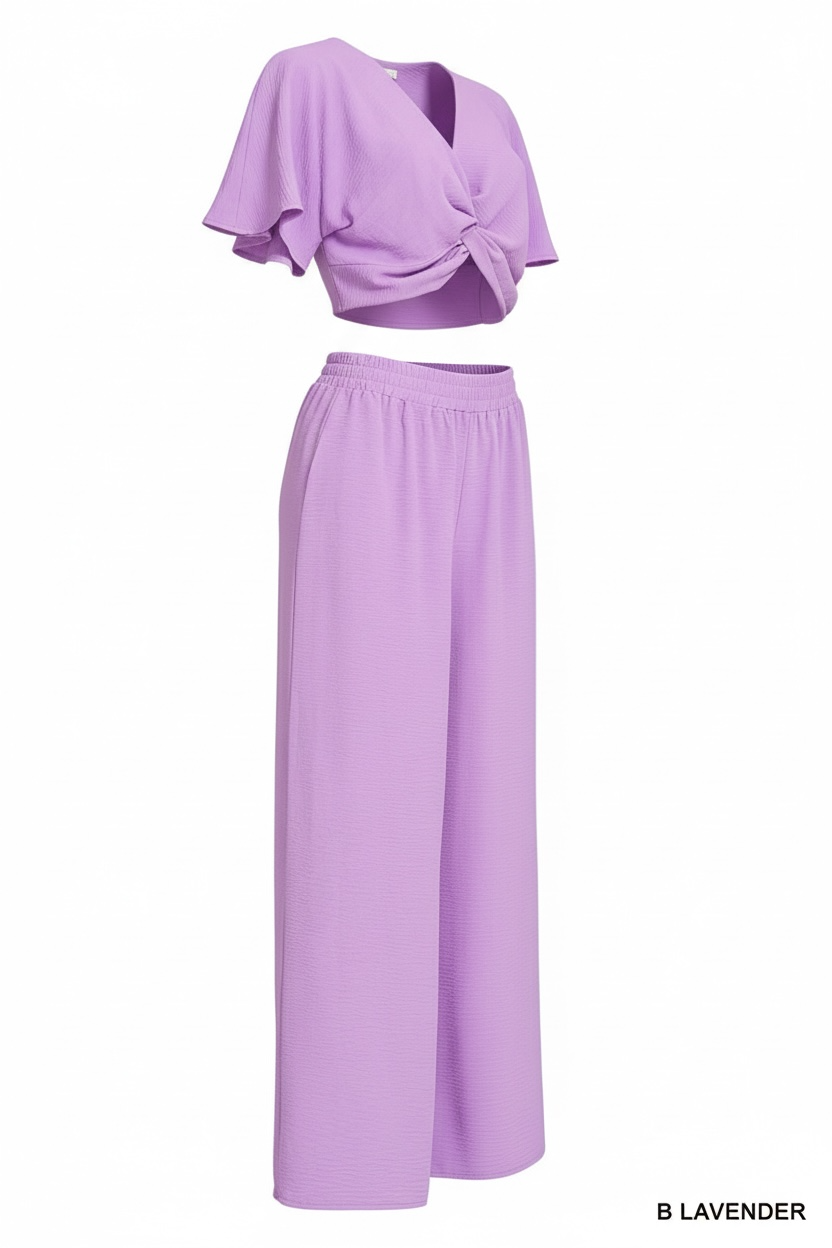 Zenana Woven Airflow Twisted Top & Wide Leg Pants Set