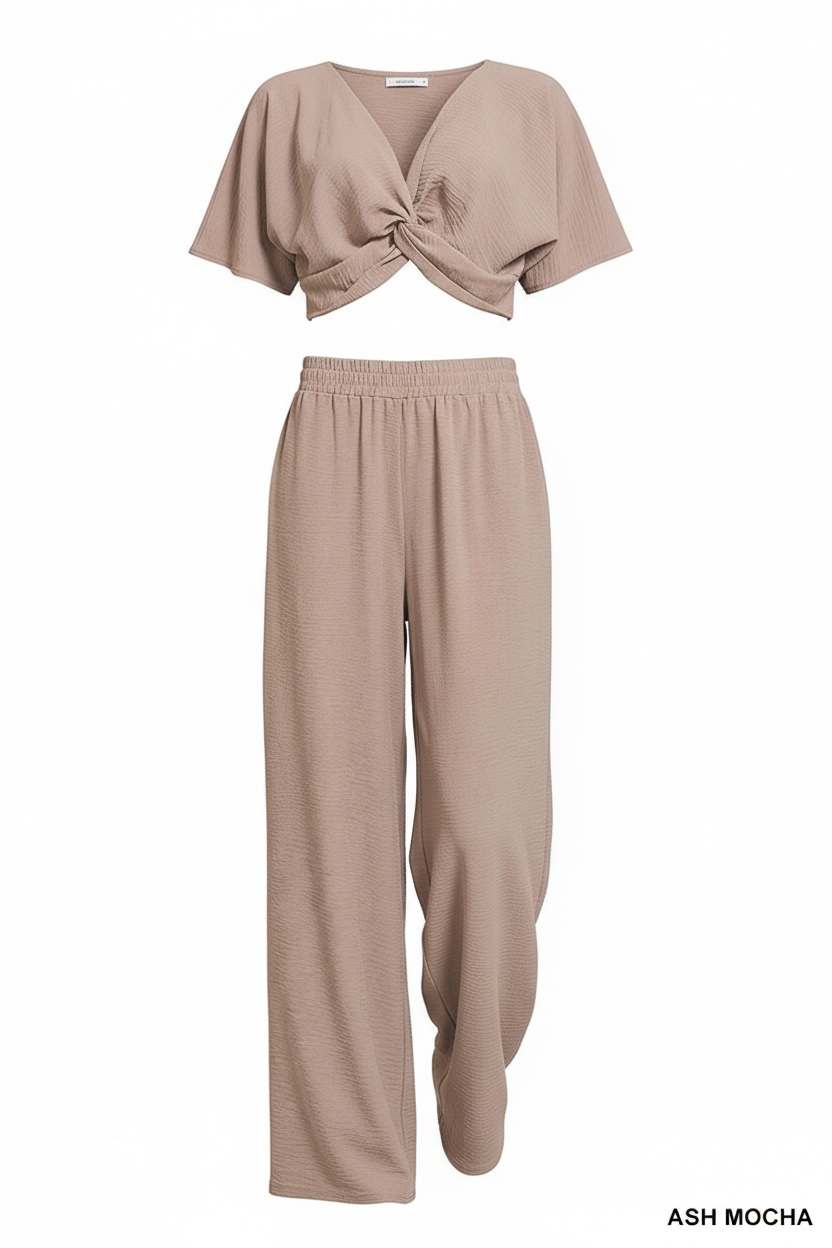 Zenana Woven Airflow Twisted Top & Wide Leg Pants Set