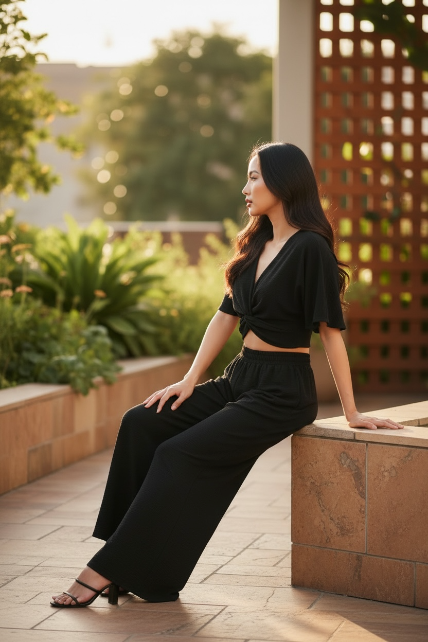 Zenana Woven Airflow Twisted Top & Wide Leg Pants Set