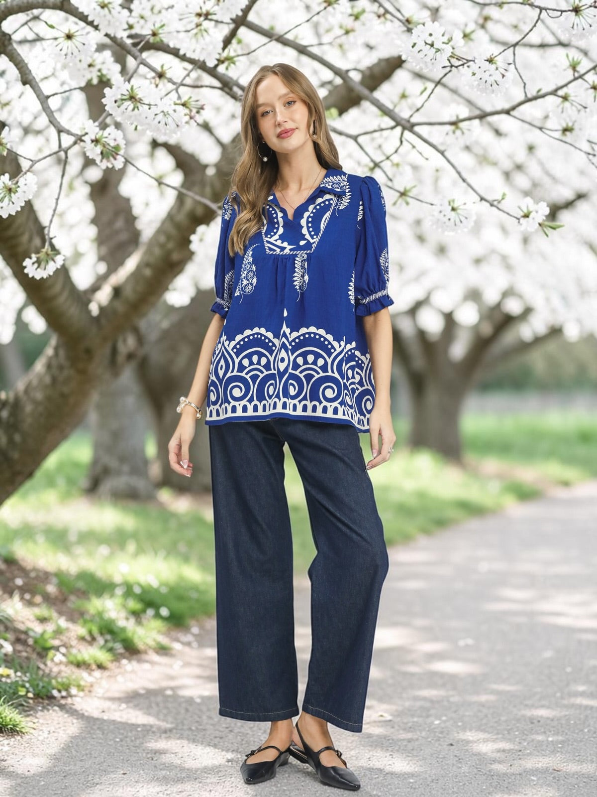 Umgee Printed Puff Sleeve Split Neck Top