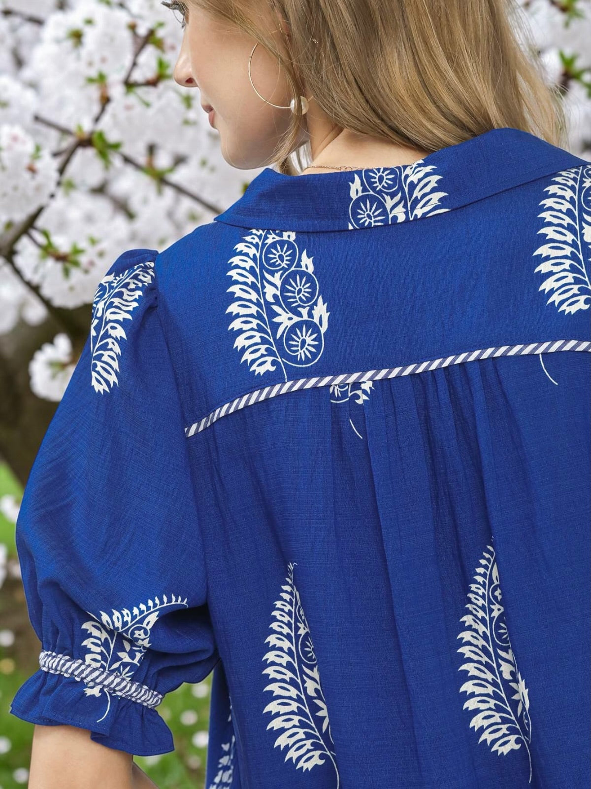 Umgee Printed Puff Sleeve Split Neck Top