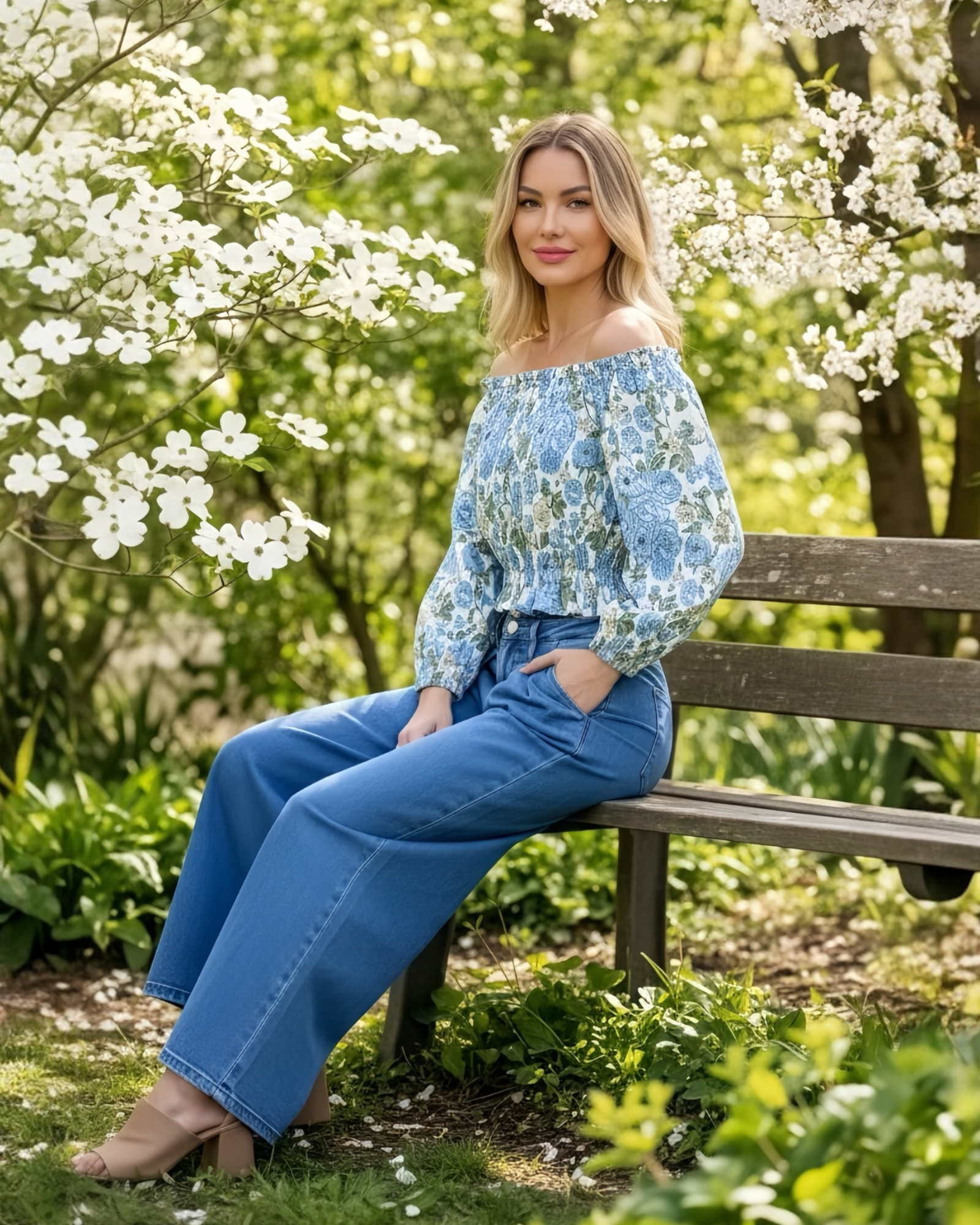 POL Floral Print Smocked Off-Shoulder Blouse Top