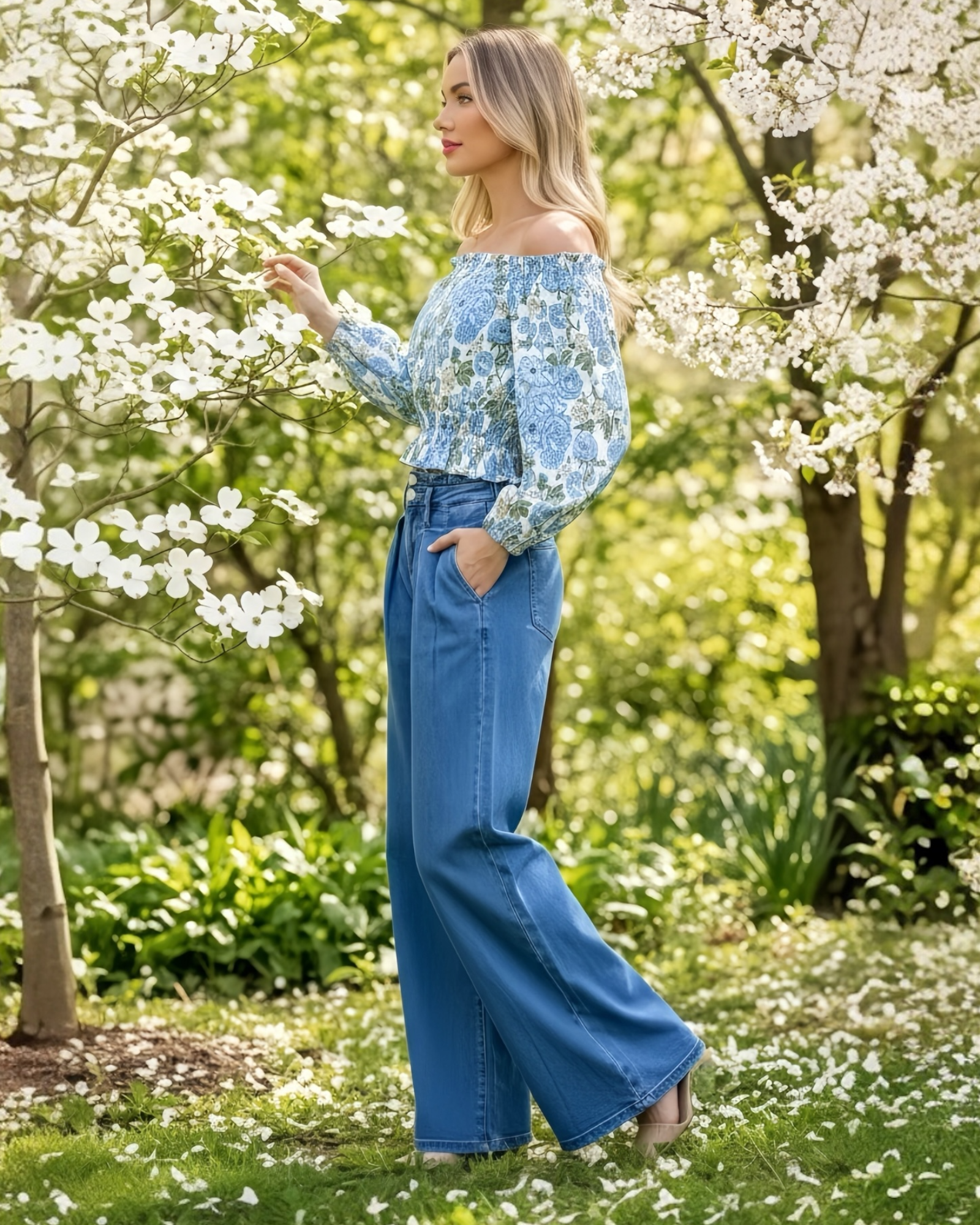 POL Floral Print Smocked Off-Shoulder Blouse Top