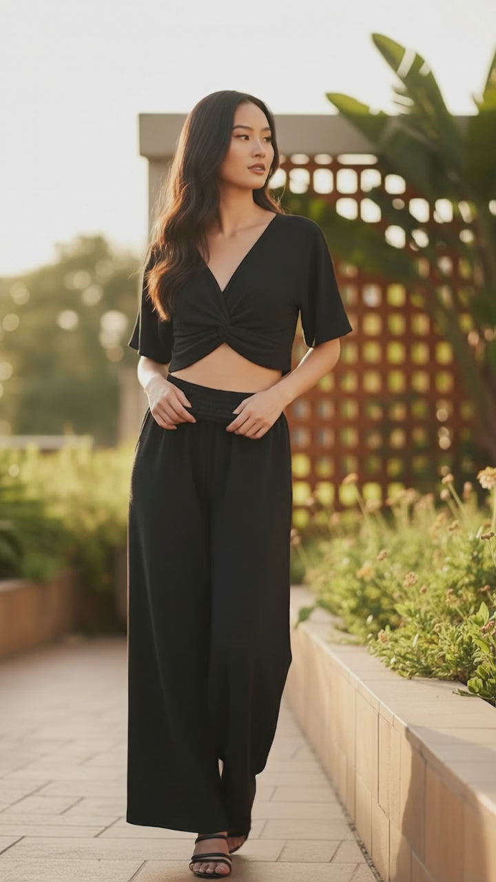 Zenana Woven Airflow Twisted Top & Wide Leg Pants Set